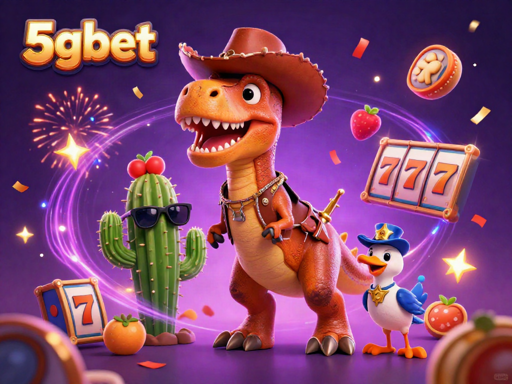 Experience 5gbet with exciting slot reels and vibrant characters in a lively casino scene.