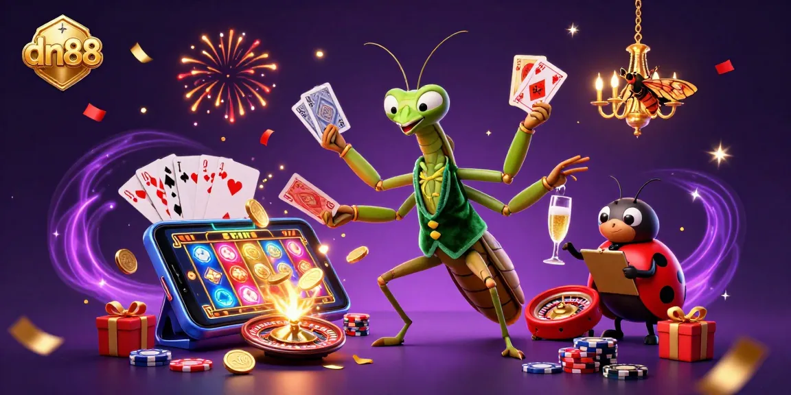 Experience dynamic gaming magic at dn88 with a giant praying mantis and ladybug pit boss in a colorful casino scene.