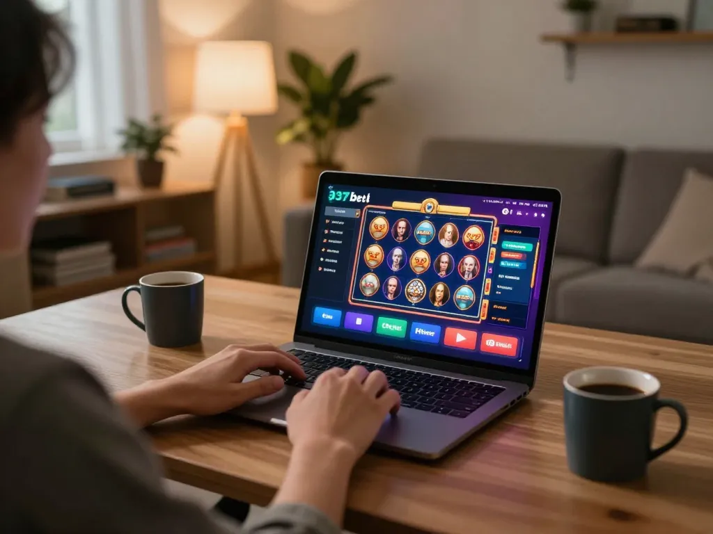 Jogador desfrutando dos jogos de cassino online da 337bet em um laptop com gráficos vibrantes em um ambiente aconchegante.