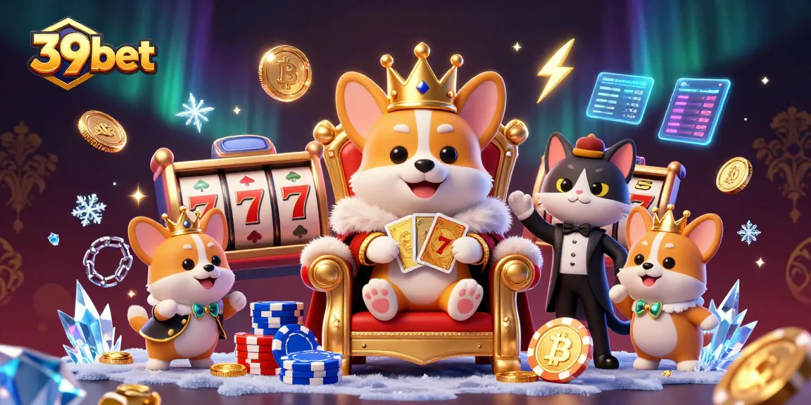 Experience vibrant gaming at 39bet, featuring royal corgis, slots, and crypto elements.