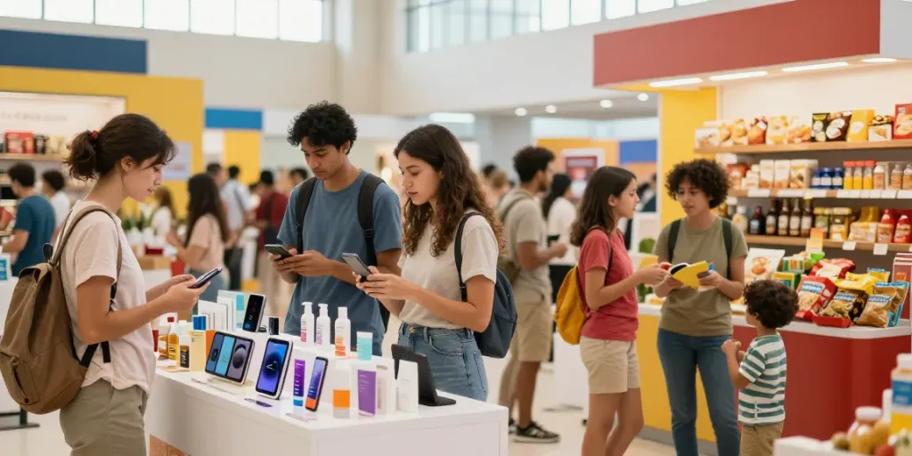 People engaged in vibrant shopping for various Produtos in a lively marketplace setting.