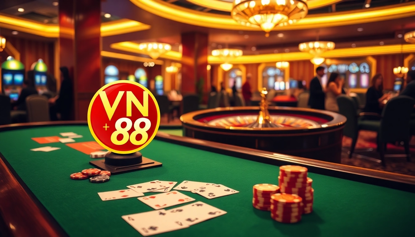 Engaging VN 88 gaming experience with casino tables, cards, and excitement.
