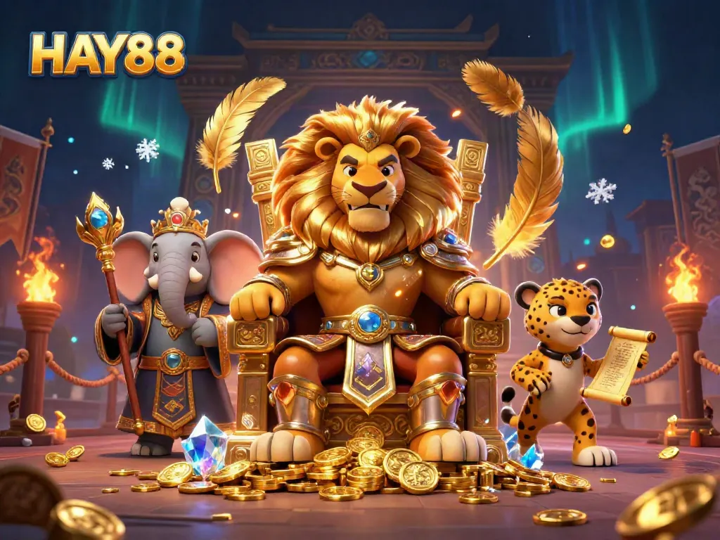 Experience the thrill of HAY88 with a captivating 3D illustration of a lion king surrounded by vivid casino elements.