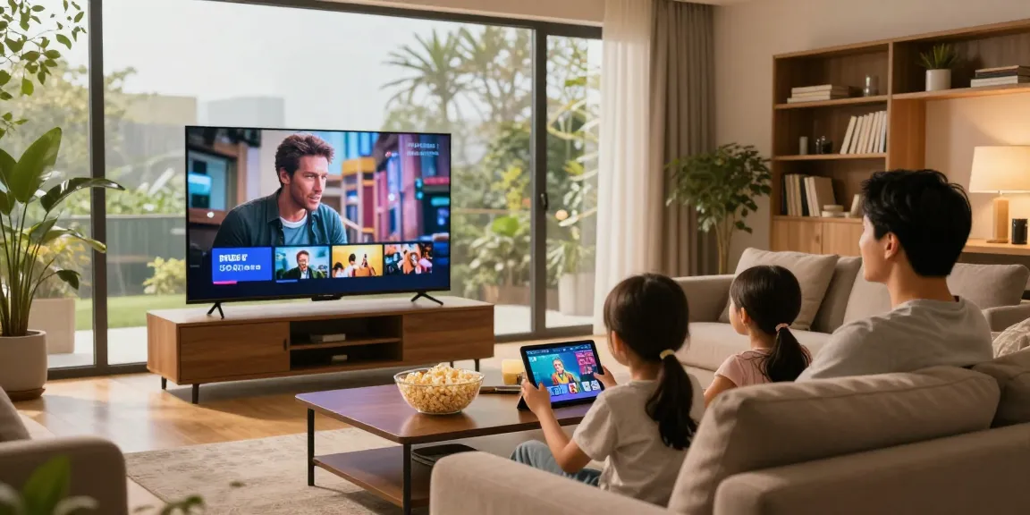 Família aproveitando os serviços de IPTV em uma sala moderna e aconchegante.