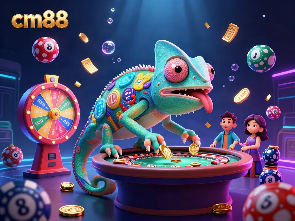 Experience dynamic gaming action with cm88 as a chameleon casino owner amid colorful lottery balls and glittering prizes.