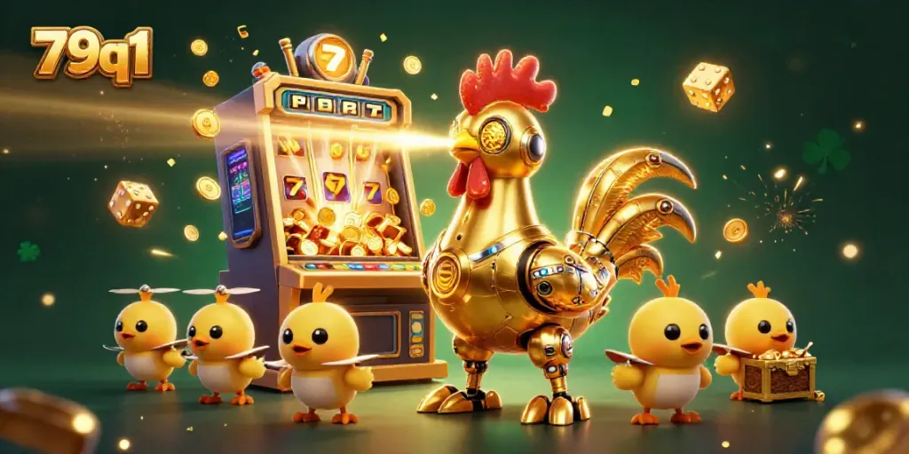 Engage with 79q1's vibrant gaming scene featuring a golden rooster robot, explosive jackpots, and high-energy casino elements.