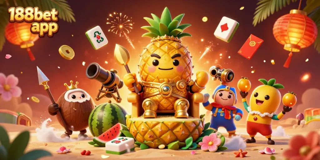Engage with the 188bet app as the golden pineapple king rules over a colorful casino scene.