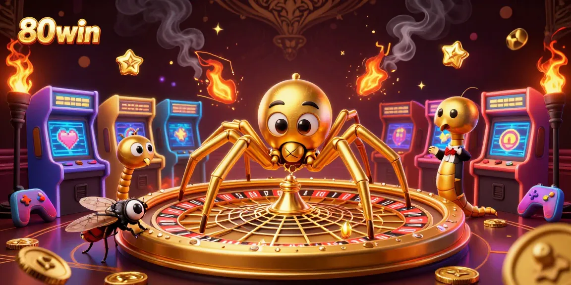 Experience thrilling bets at 80win with a golden roulette web surrounded by vibrant gaming elements.