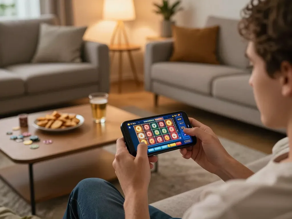 lc88 user playing online casino games on smartphone in cozy living room setting