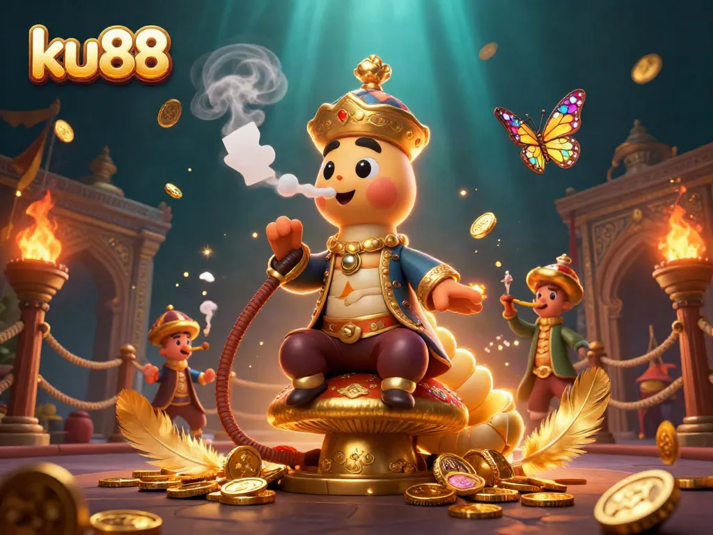 Engage with ku88's thrilling casino atmosphere featuring a sultan caterpillar surrounded by vibrant gambling elements.