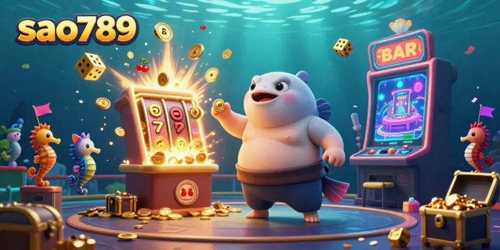 sao789 brings excitement to underwater gaming with fugu and catfish in a vibrant jackpot scene.