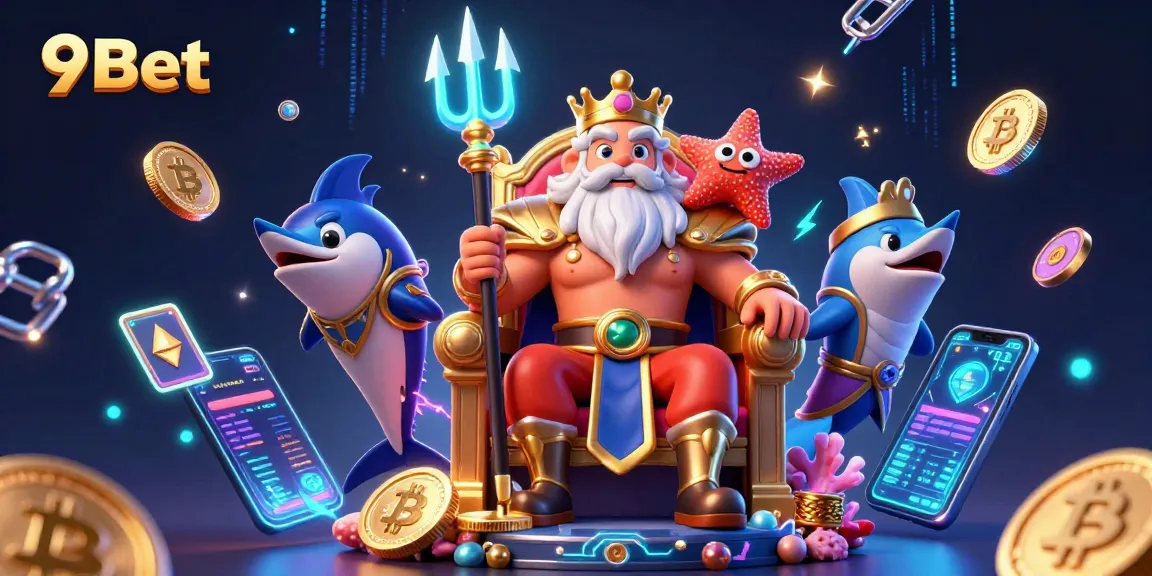 Engage in the thrilling world of 9Bet with Neptune and crypto elements in a vibrant casino scene.