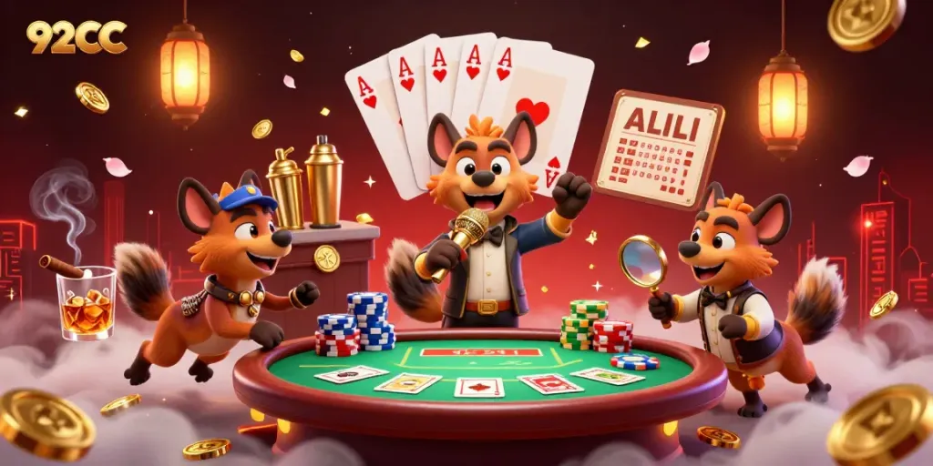 Engage in thrilling 92CC casino fun with hyenas delivering comedy, drinks, and security.