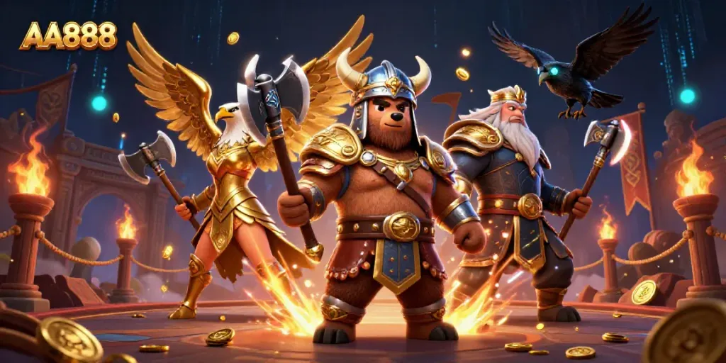 Engage with AA888's thrilling casino scene featuring action-packed characters and vibrant game elements.