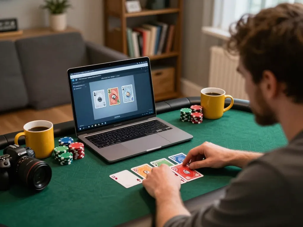 nk88 player engaging in strategic online poker from a cozy home environment