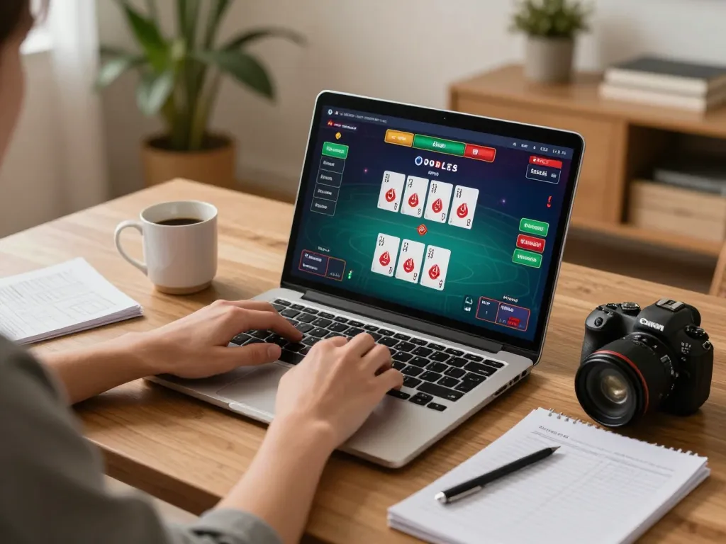Engaging in online poker strategy with 888bgo, cozy home setup showcasing focused gaming environment.