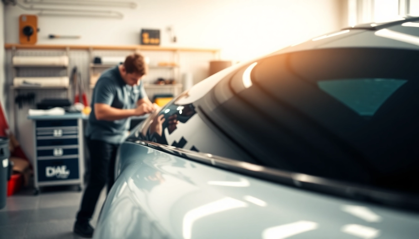 Applying paint protection film near me on a sleek car in a professional workspace.