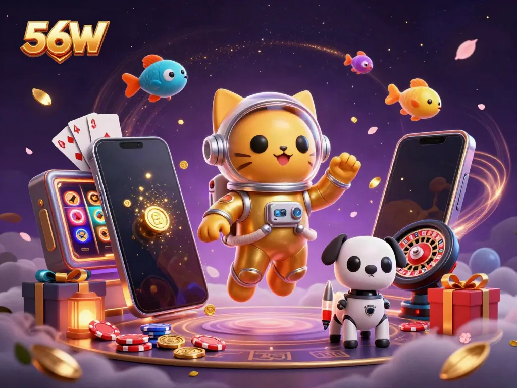 Experience the thrill of 56W with a cartoon astronaut cat and robot dog in a galactic casino adventure.