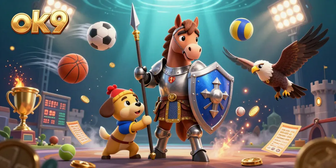 Experience thrilling betting with ok9 through a vibrant 3D illustration of sports-themed action.