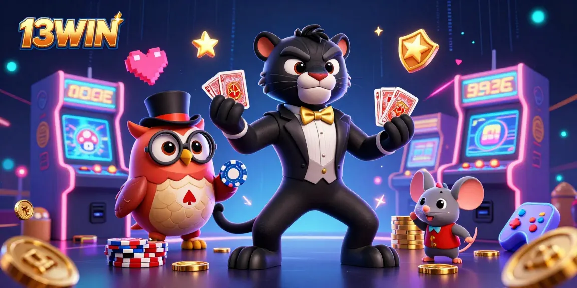 Experience thrilling gameplay at 13WIN with a vibrant casino scene featuring charming characters and game elements.