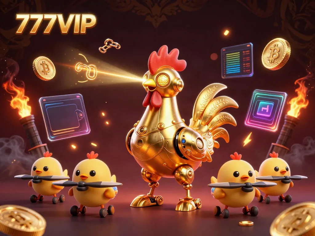 Engage with thrilling casino entertainment at 777VIP, featuring a futuristic golden rooster robot.