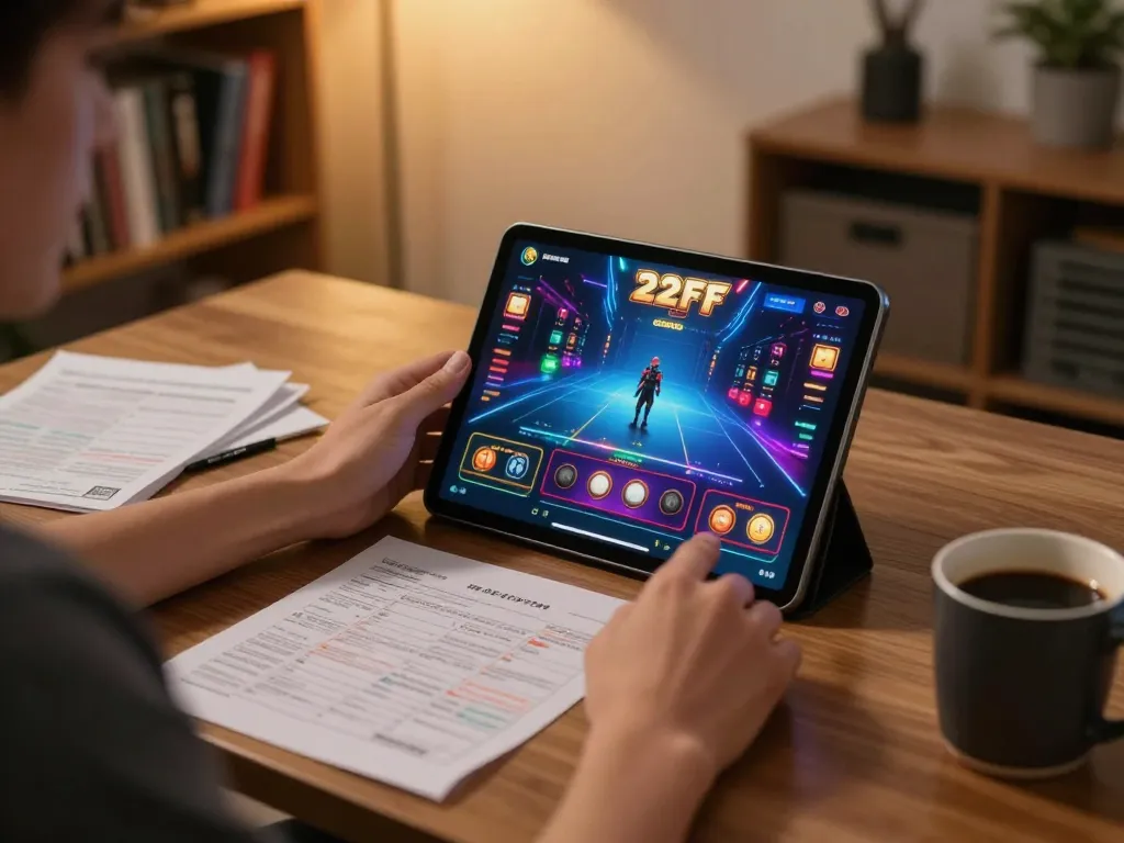 Engaging with 22ff casino app on tablet in a cozy gaming setup
