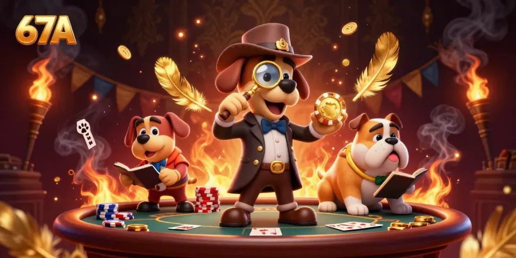 67A themed poker scene featuring a cartoon bloodhound detective and bulldog companion examining clues amidst scattered chips and gold.