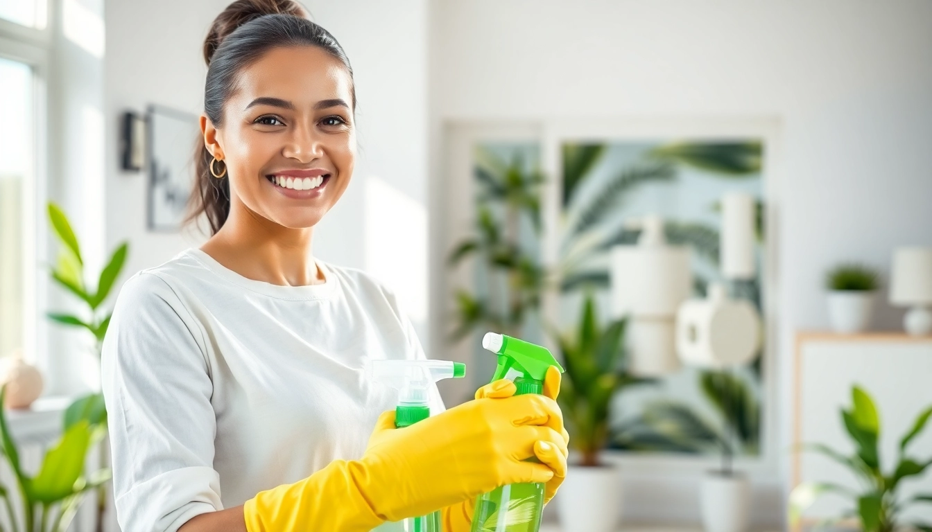 Showcase eco friendly cleaning services with a professional cleaner in a bright, vibrant home setting.