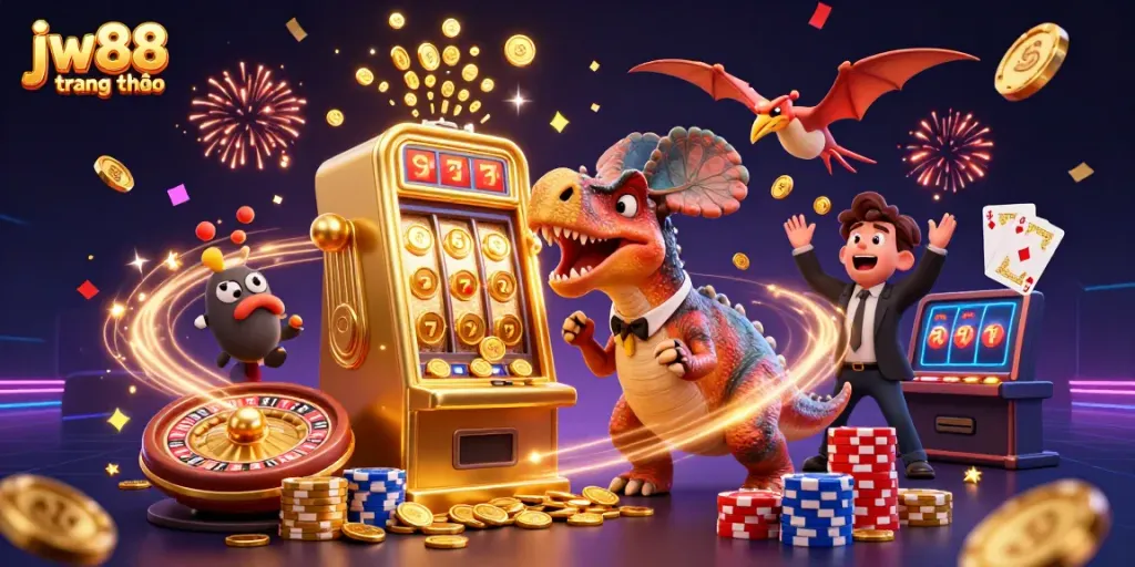 Experience the excitement of jw88 trang chủ with cartoon dinosaurs celebrating a big jackpot win.