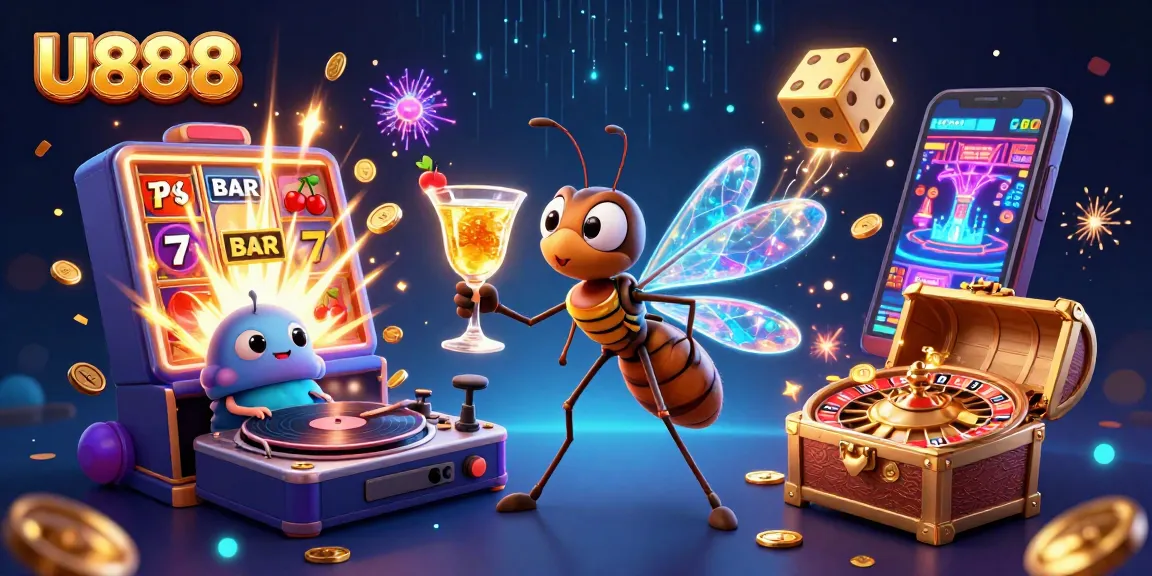Place winning bets at U888 with our vibrant casino scene featuring a unique mascot and exciting game elements.
