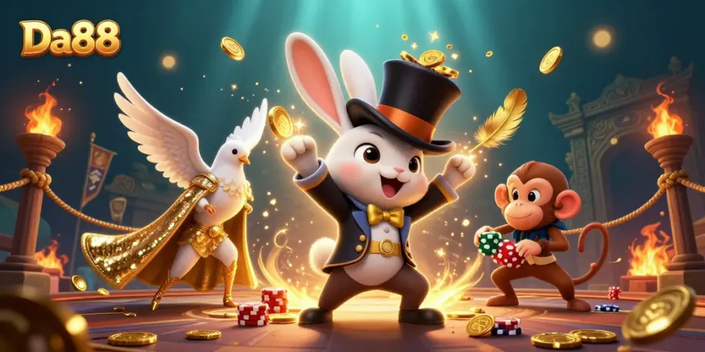 Experience the thrill of Da88 with a magician rabbit pulling coins and exciting casino elements.