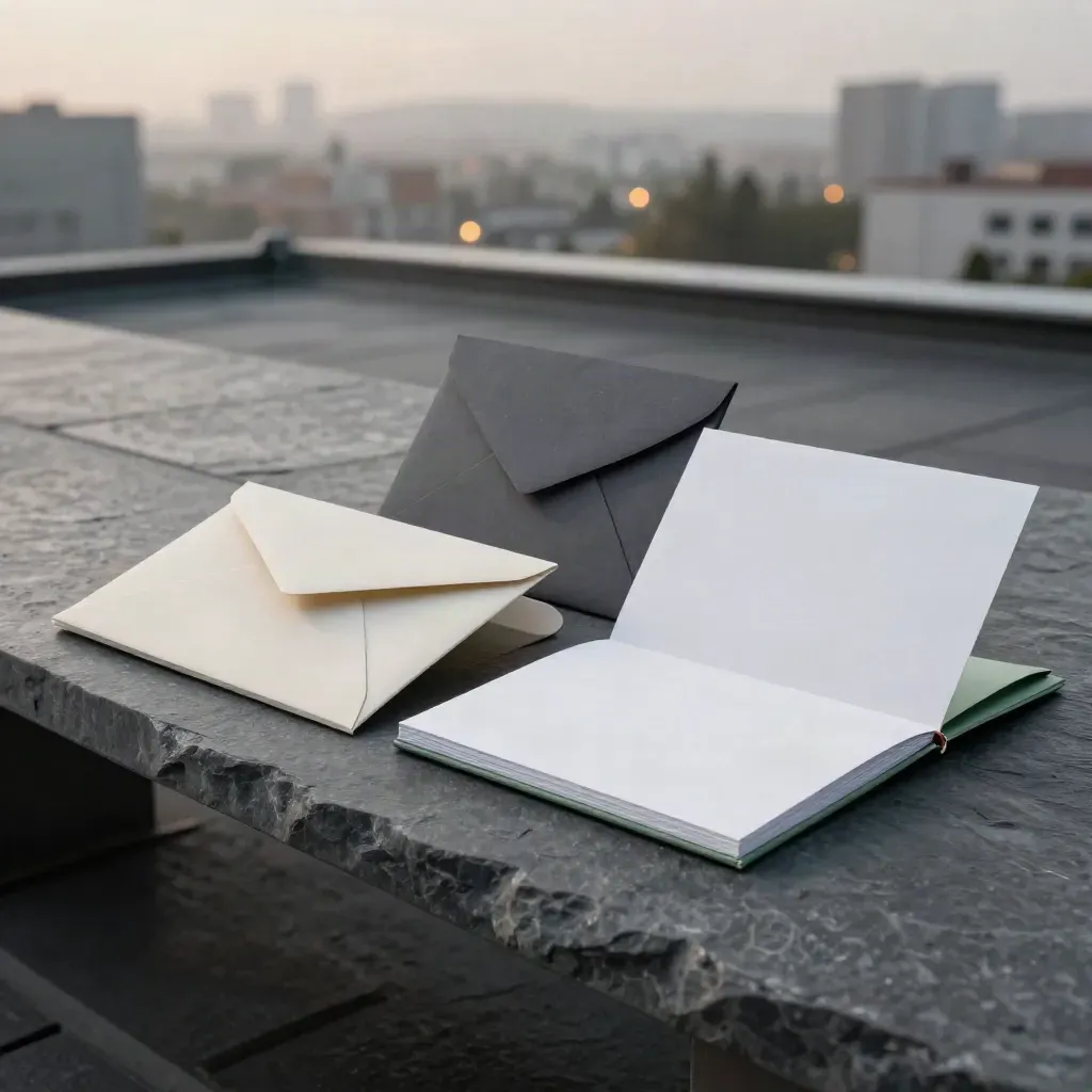 Kit de validação sobre banco de ardósia em rooftop ao entardecer, com brisa e clima premium.