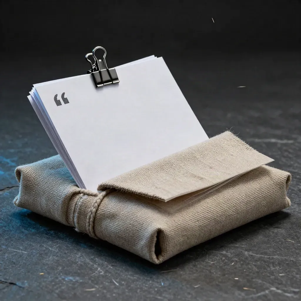 Kit de depoimentos em linho e papel, com clipe metálico e envelope lacrado sobre pedra escura.