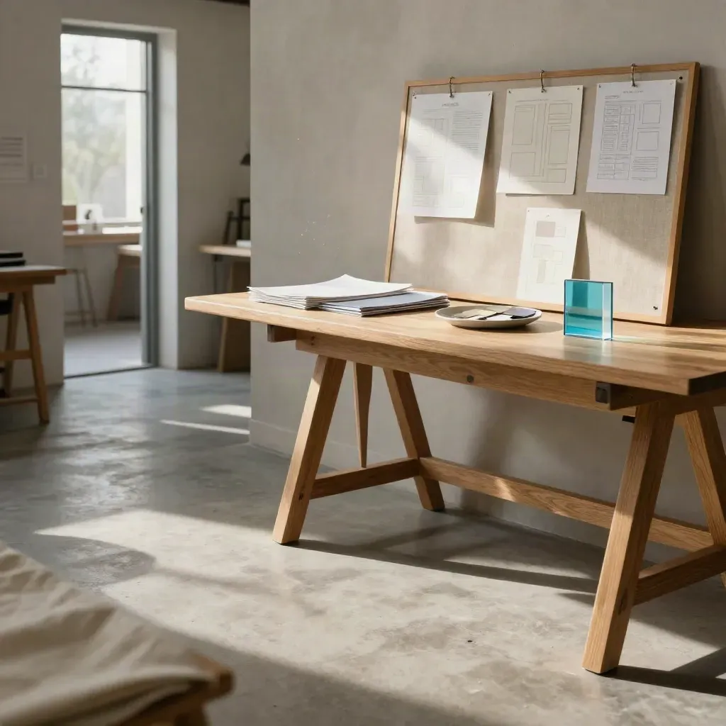 Loft ensolarado com mesa de carvalho, pinboard de linho e materiais de workshop no alto.