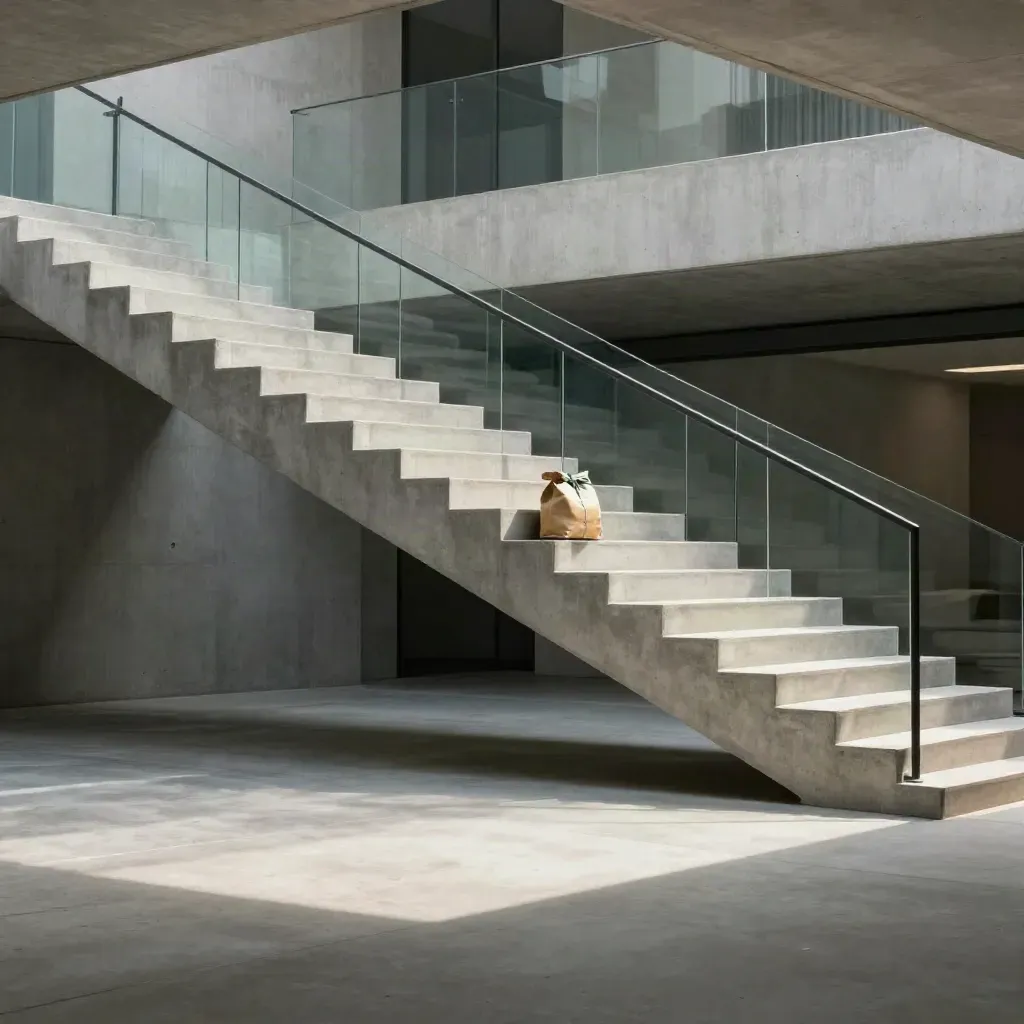 Escadaria de concreto em átrio com reflexos de vidro e um pequeno pacote no patamar.