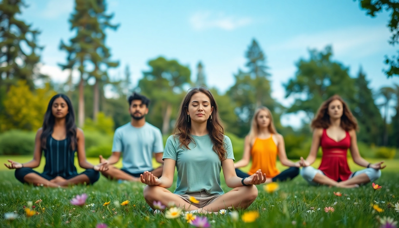 Enhance emotional wellbeing through mindfulness in a serene outdoor setting with diverse individuals.