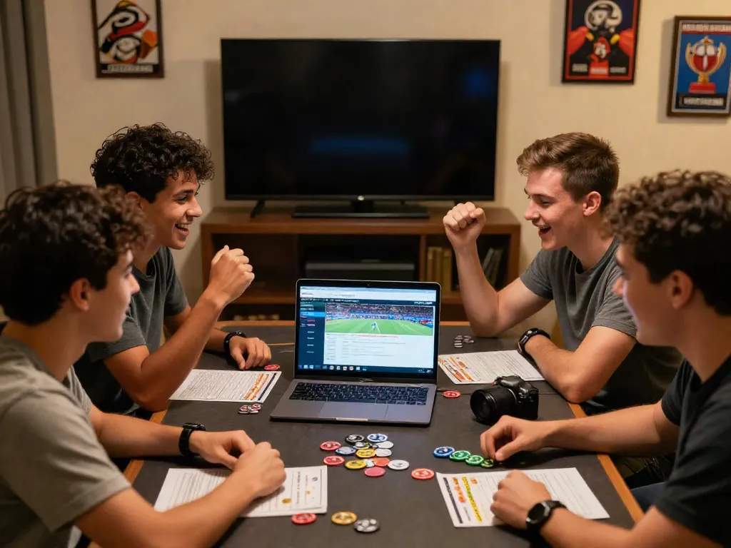 Friends excitedly placing bets on the FC88 website during a live sports match.