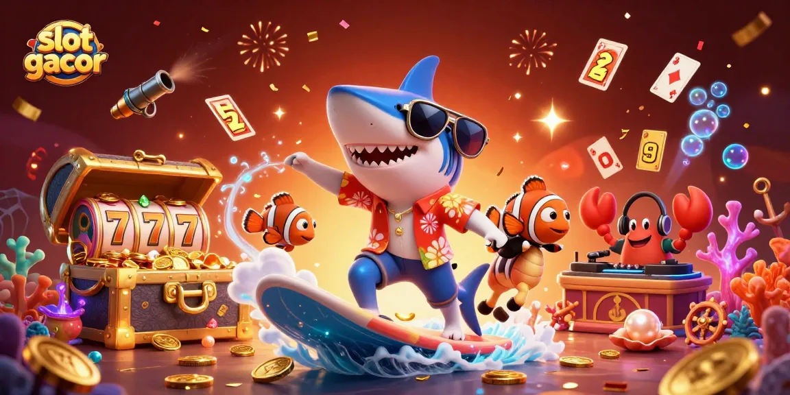 Experience slot gacor as a hammer-head shark surfs gold coins amidst vibrant underwater casino elements.