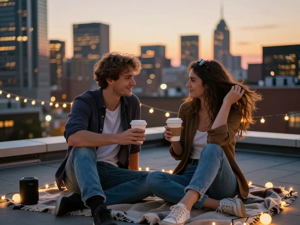 A couple sharing a romantic moment on a rooftop during sunset, expressing their crush on each other amidst a city skyline.