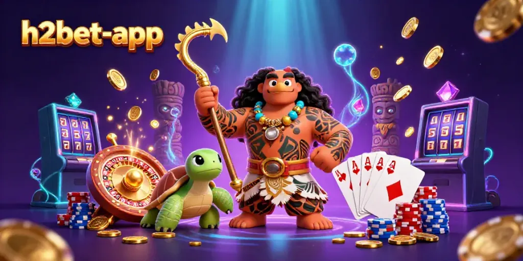 Experience excitement at h2bet-app with vibrant casino elements and characters in a dynamic 3D scene.