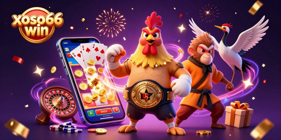 xoso66 win features an intense scene with cartoon characters celebrating casino games amidst golden coins.