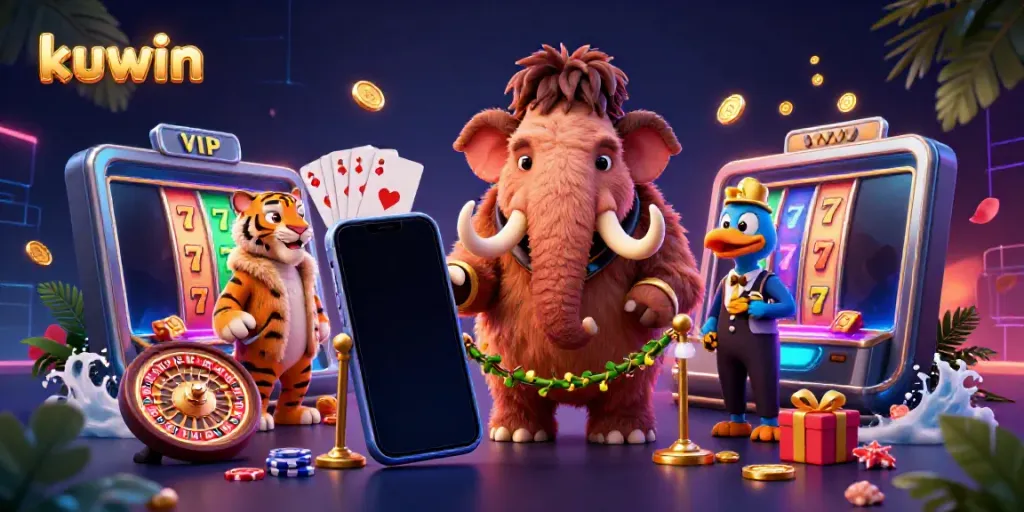 Kuwin's casino bouncer welcomes a saber-tooth tiger VIP, surrounded by vibrant gaming elements.
