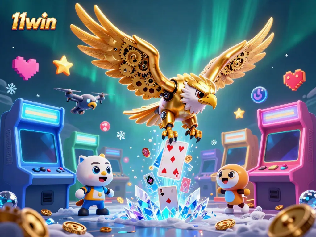 Experience thrilling moments with 11win's vibrant casino game characters soaring through holographic cards and colorful arcade machines.