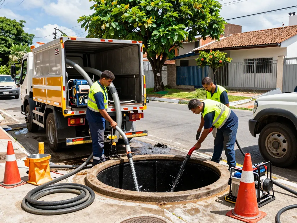 Limpa fossa em São Paulo service team efficiently cleaning a septic tank with professional-grade equipment.