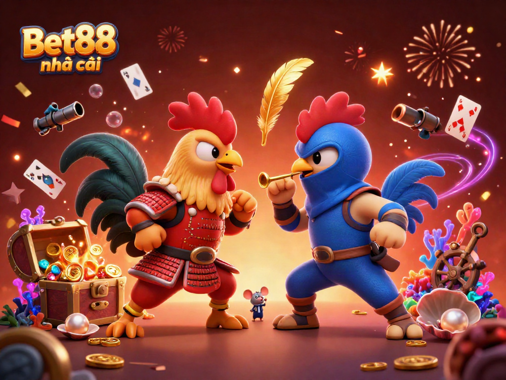 Engage in thrilling gameplay at Bet88 nhà cái, witnessing an epic standoff between cartoon fighting roosters.