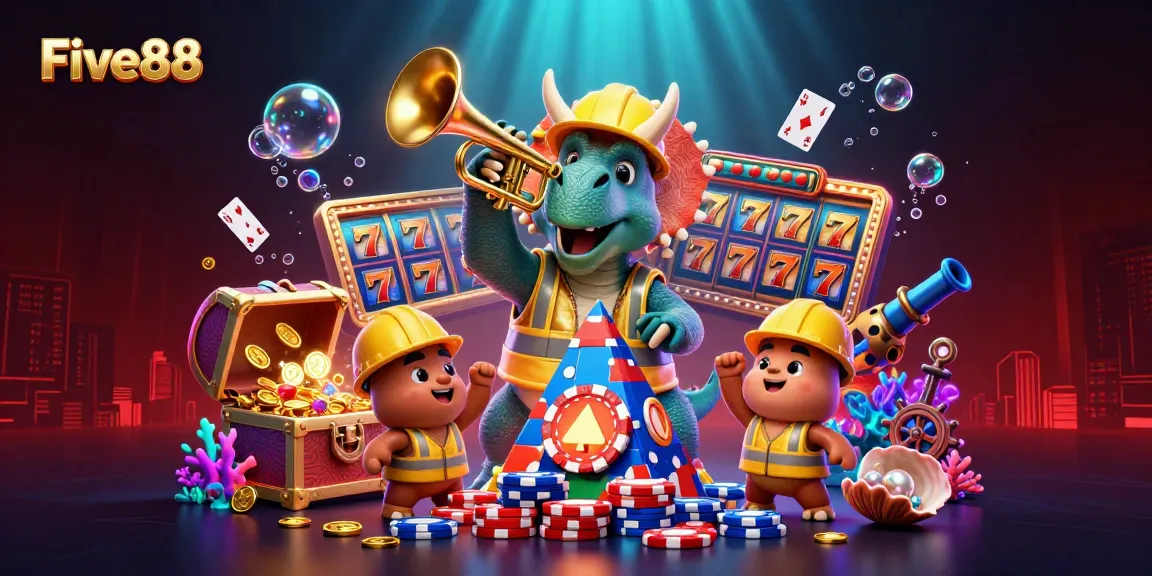 Experience the vibrant energy of Five88 with colorful slots, poker chips, and dynamic casino action.