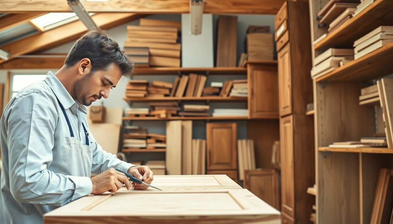 Cabinet makers expertly crafting intricate wooden cabinets in a bright workshop.