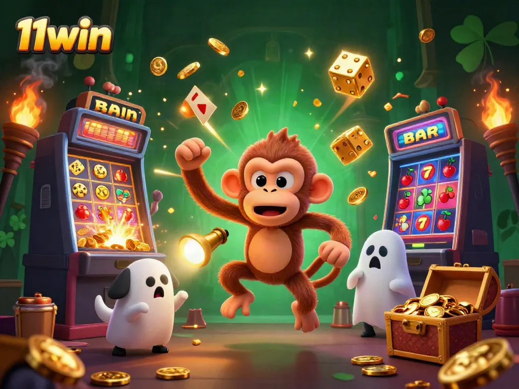 Experience the thrill of 11win with a dynamic casino scene featuring playful characters and vibrant game elements.