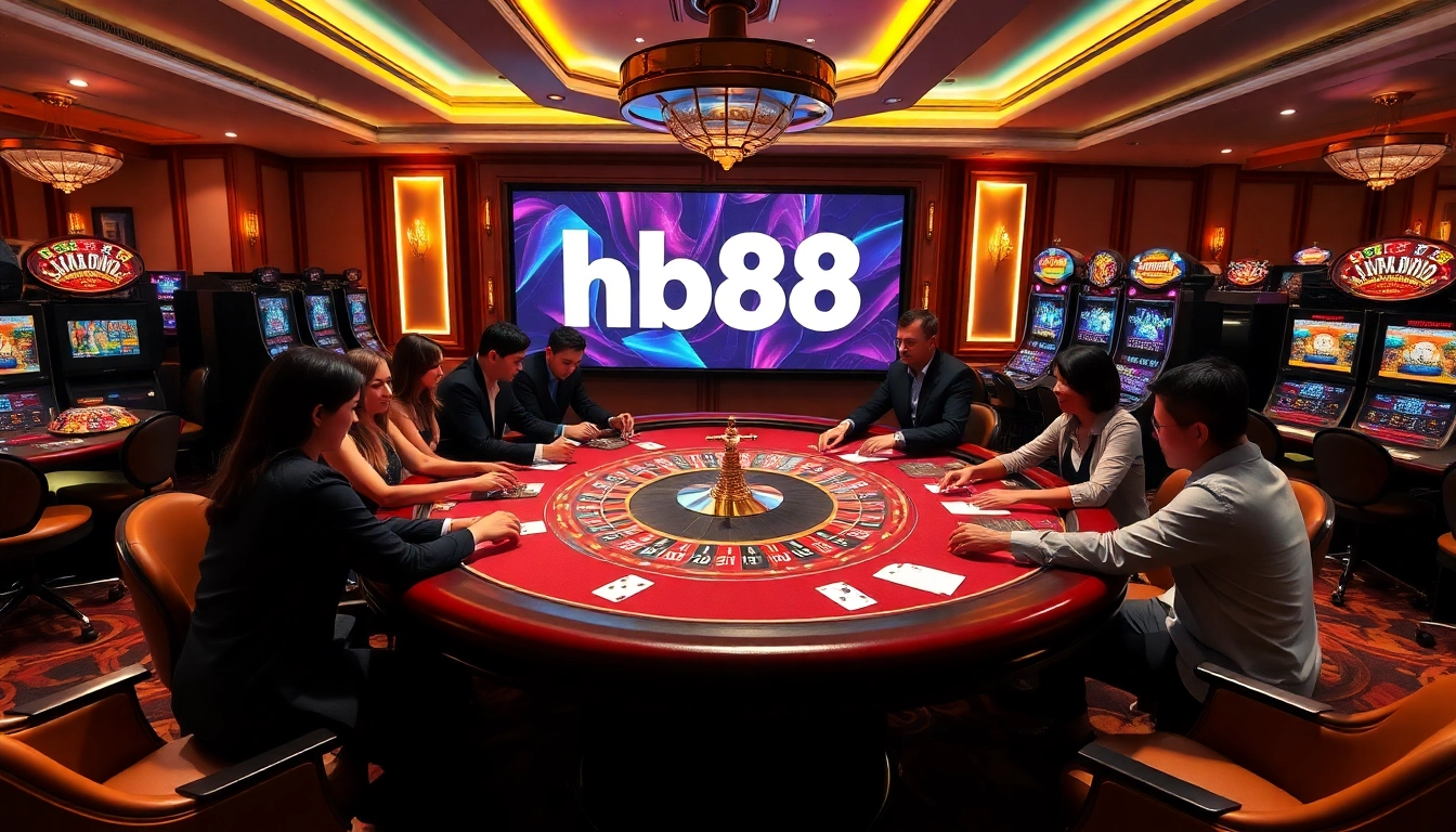 A thrilling poker game at HB88 link online casino, showcasing vibrant tables and eager players.