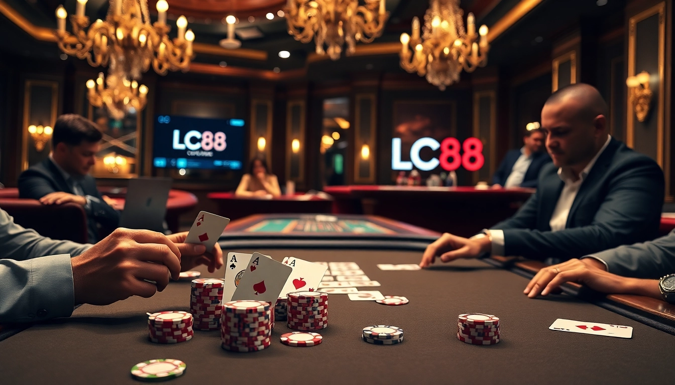 Experience thrilling gameplay at LC88 casino with exciting poker actions and vibrant atmosphere.